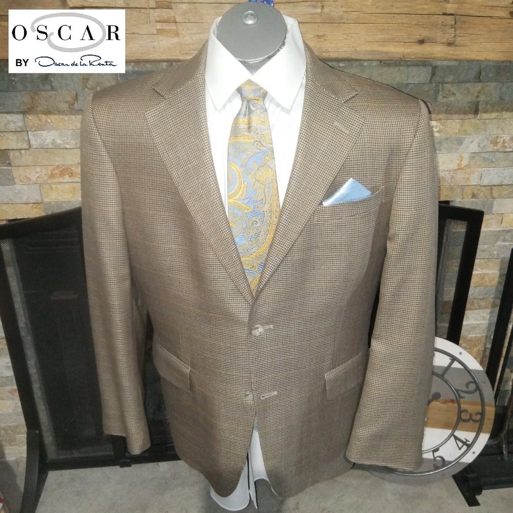 Oscar DeLa Renta Houndstooth Silk & Wool Tan Blended Suit Jacket Blazer Size 42R